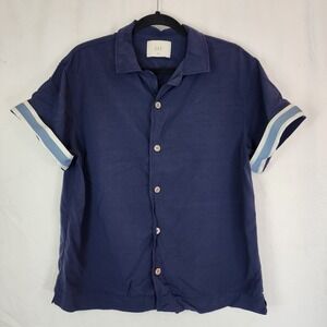 CHÉ Valbonne short-sleeved shirt in navy with striped turn-up cuffs Mens XL